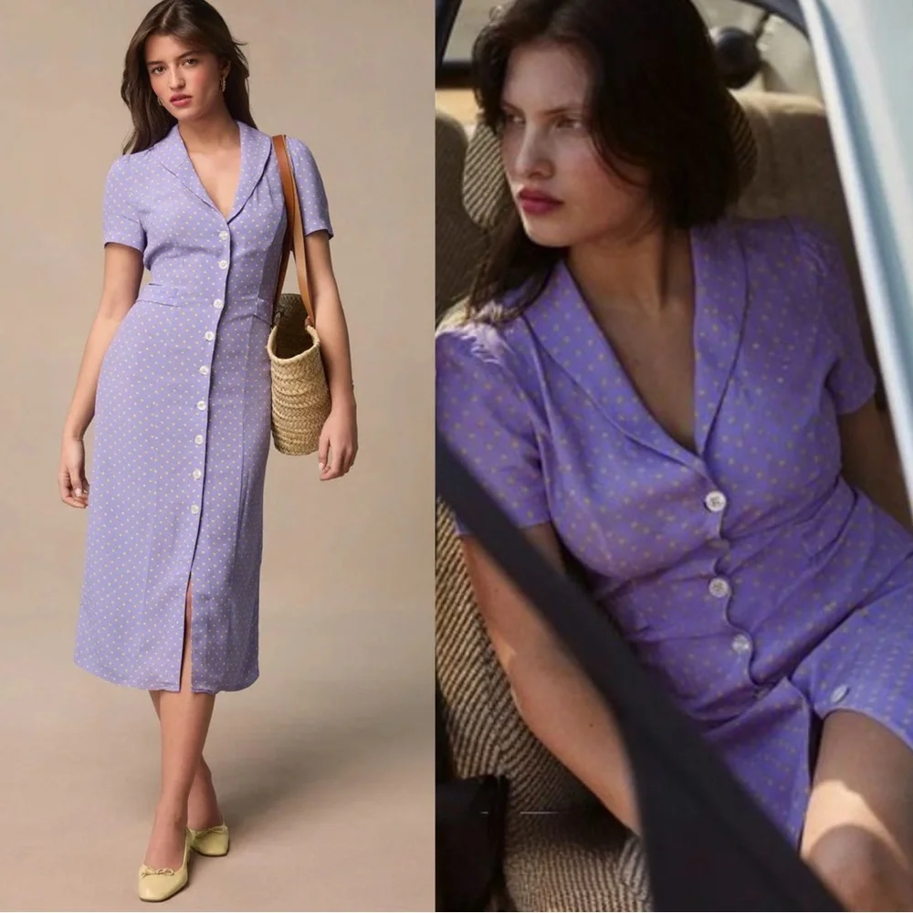 ROUJE NWT Lilac Purple Yellow Polka Dot Printed Button Down Marin Midi Dress 40 - Picture 1 of 17